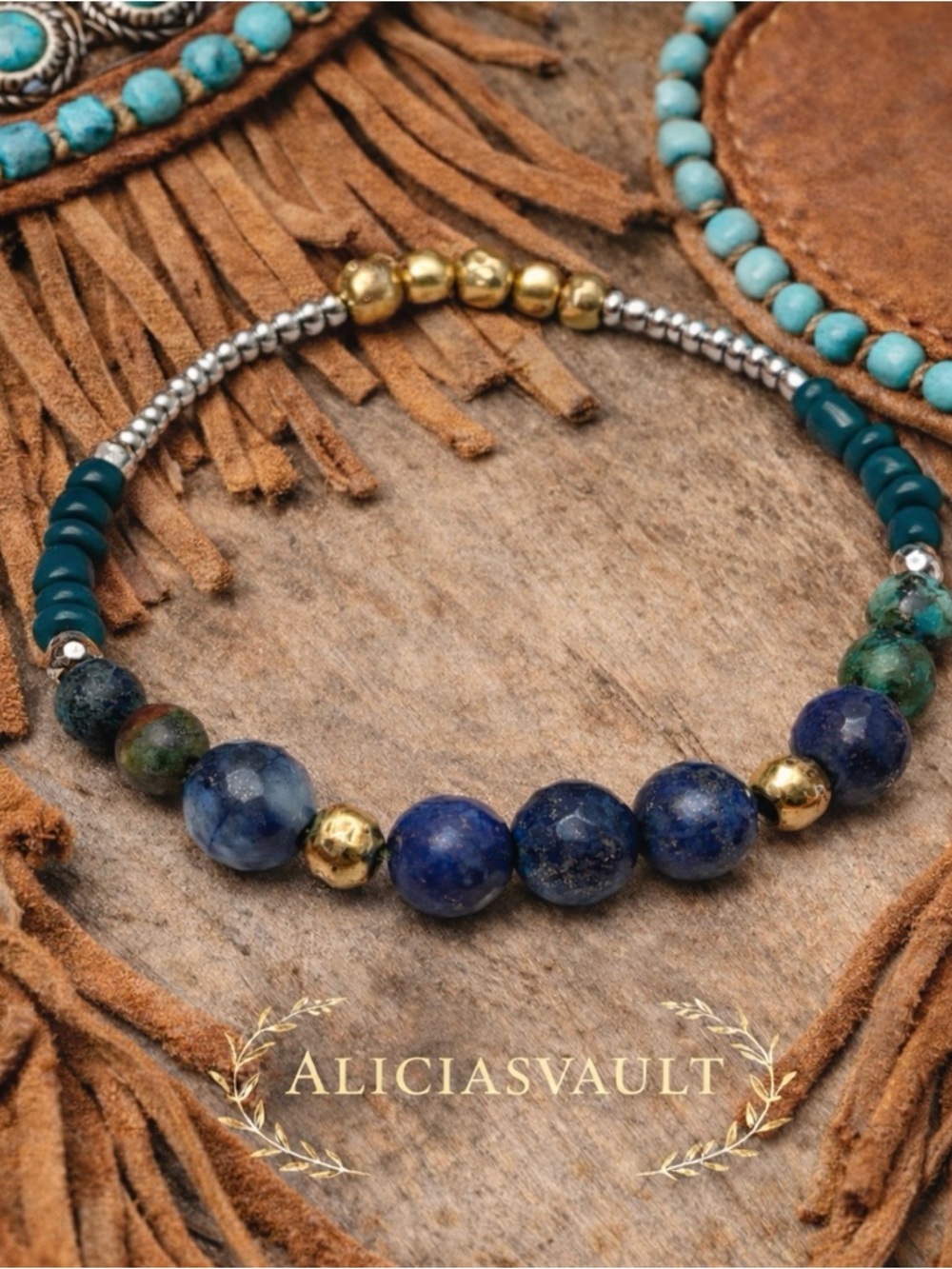 Lapis Lazuli & Chrysocolla Beaded Bracelet Size 7 Blue Green Gemstone Stretch
